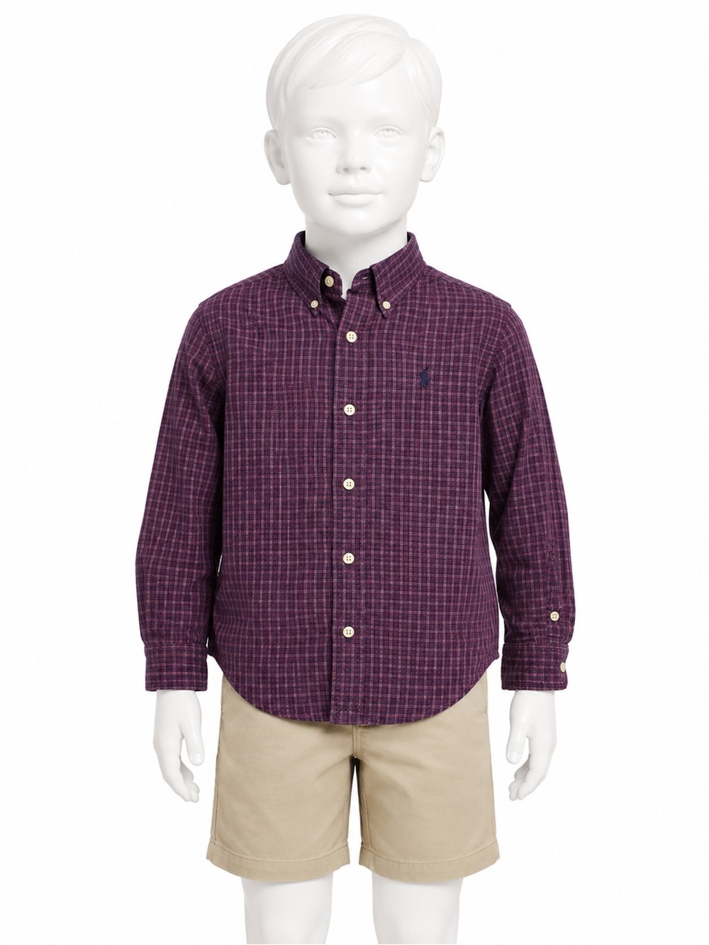 Ralph Lauren Boys' Purple Plaid Button-Down Shirt with Navy Logo
